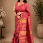 Premium Tissue Linen Saree – Rose Pink with Rich Golden Border