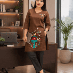 Birdsong Embroidered Designer Kurti – Coffee Brown