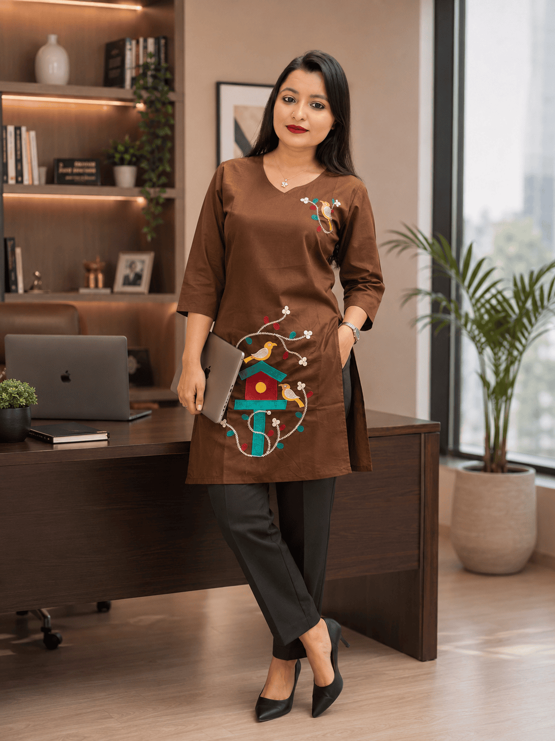 ChatGPT Image Jul 23, 2026, 01_53_12 PM Birdsong Embroidered Designer Kurti – Coffee Brown - Image 1