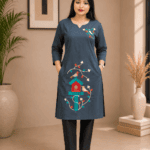 Midnight Nest Embroidered Kurti – Slate Blue