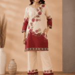 Premium Floral Printed Cord Set – Cream & Maroon