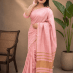 Premium Tissue Linen Saree – Baby Pink with Golden Border