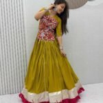 Navratri Special Olive Green Pure Cotton Kediyu Lehenga with Gamthi & Mirror Work