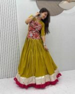 Navratri Special Olive Green Pure Cotton Kediyu Lehenga with Gamthi & Mirror Work