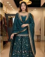 Premium Teal Green Frendy Silk 3-Piece Dress with Sequin & Zari Embroidery