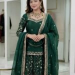 Premium Dark Green Frendy Silk 3-Piece Dress with Sequin & Zari Embroidery
