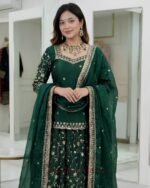 Premium Dark Green Frendy Silk 3-Piece Dress with Sequin & Zari Embroidery