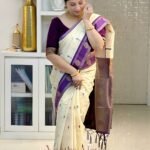 Premium Cream & Purple Lichi Silk Saree with Jacquard Weaving