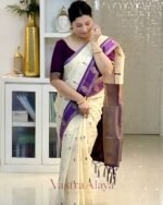 Premium Cream & Purple Lichi Silk Saree with Jacquard Weaving