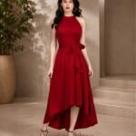 Women's Red Solid Halter Neck Sleeveless Dress