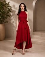Women's Red Solid Halter Neck Sleeveless Dress