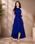 Women's Royal Blue Polyester Solid Halter Neck Sleeveless Up-Down Dress