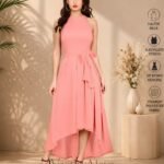 Women's Peach Polyester Solid Halter Neck Sleeveless Up-Down Dress