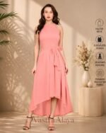 Women's Peach Polyester Solid Halter Neck Sleeveless Up-Down Dress