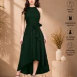Women's Green Polyester Solid Halter Neck Sleeveless Up-Down Dress