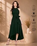 Women's Green Polyester Solid Halter Neck Sleeveless Up-Down Dress