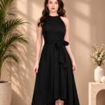 Women's Black Polyester Solid Halter Neck Sleeveless Up-Down Dress