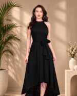 Women's Black Polyester Solid Halter Neck Sleeveless Up-Down Dress