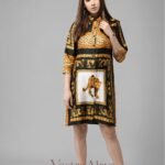 Women's White & Orange Satin Animal Print 3/4 Sleeve Above Knee Dress