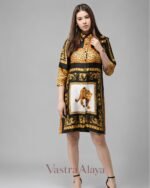 Women's White & Orange Satin Animal Print 3/4 Sleeve Above Knee Dress