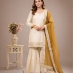 Premium Silk Embroidered Cream & Yellow Kurti with Sharara Pant & Dupatta Set