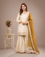 Premium Silk Embroidered Cream & Yellow Kurti with Sharara Pant & Dupatta Set