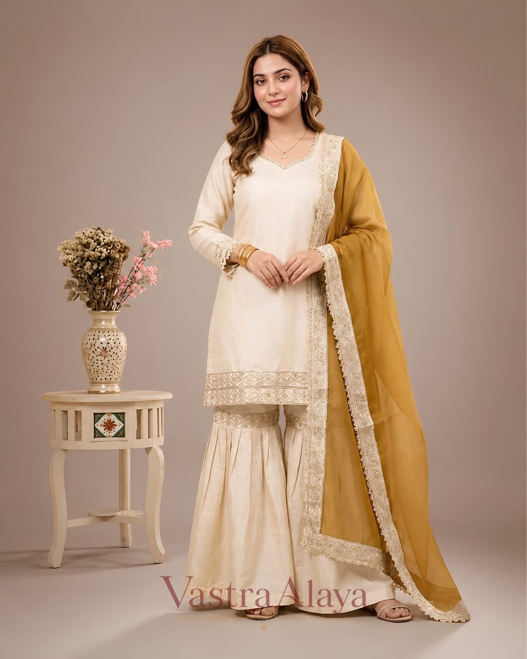 1 Premium Silk Embroidered Cream & Yellow Kurti with Sharara Pant & Dupatta Set - Image 1