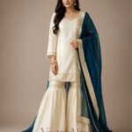 Premium Silk Embroidered Cream & Teal Kurti with Sharara Pant & Dupatta Set