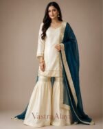 Premium Silk Embroidered Cream & Teal Kurti with Sharara Pant & Dupatta Set