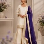 Premium Silk Embroidered Cream & Purple Kurti with Sharara Pant & Dupatta Set