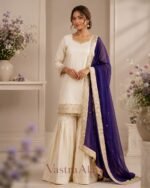 Premium Silk Embroidered Cream & Purple Kurti with Sharara Pant & Dupatta Set