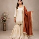 Premium Silk Embroidered Cream & Orange Kurti with Sharara Pant & Dupatta Set