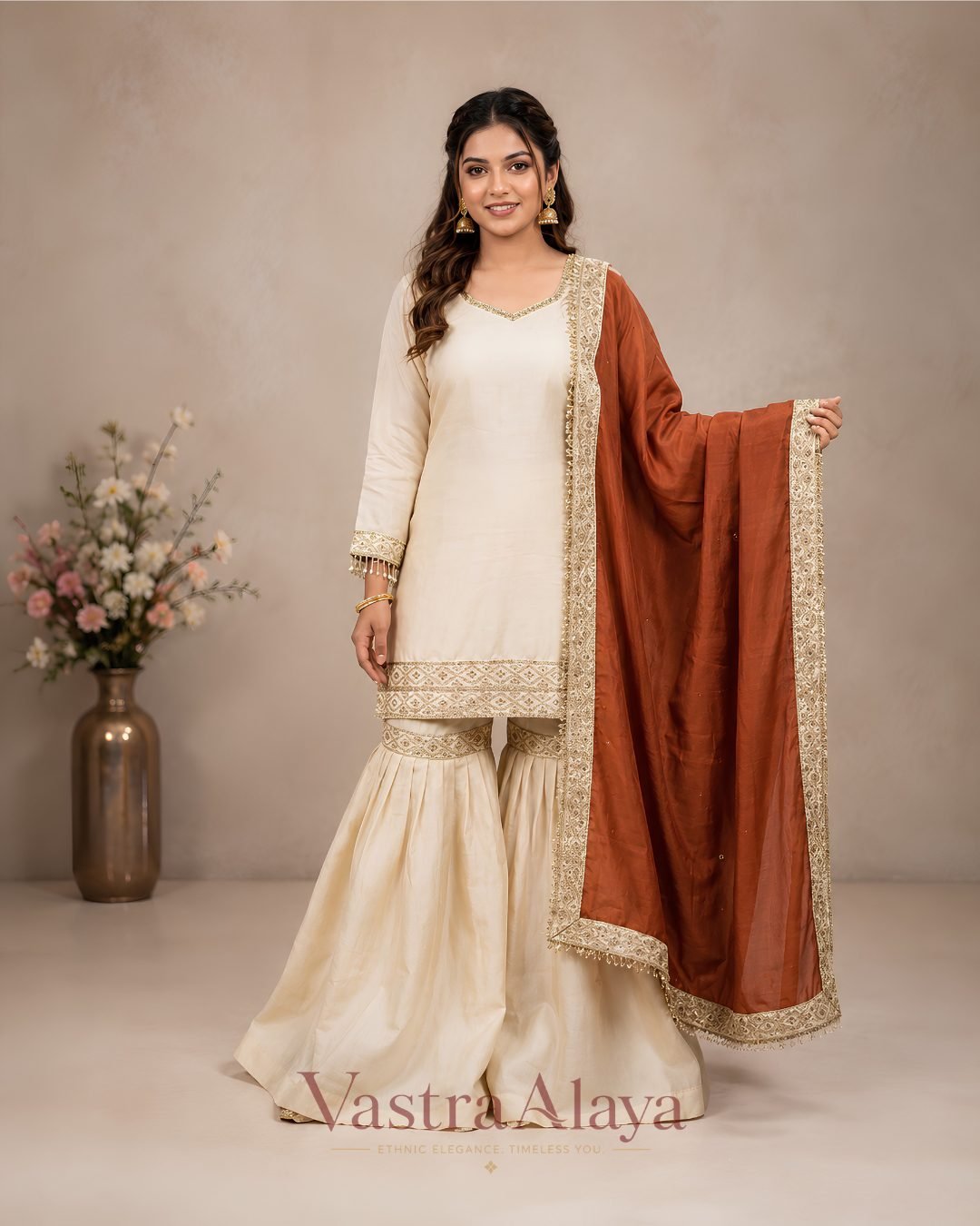 1 Premium Silk Embroidered Cream & Orange Kurti with Sharara Pant & Dupatta Set - Image 1