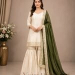 Premium Silk Embroidered Cream & Green Kurti with Sharara Pant & Dupatta Set