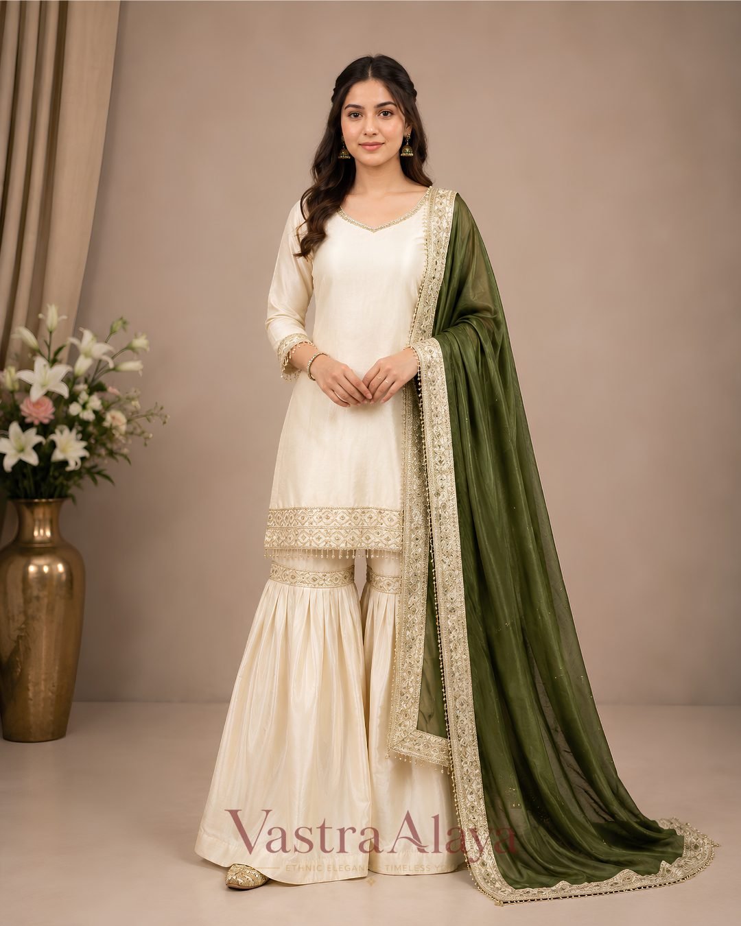 1 Premium Silk Embroidered Cream & Green Kurti with Sharara Pant & Dupatta Set - Image 1