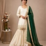 Premium Silk Embroidered Cream & Bottle Green Kurti with Sharara Pant & Dupatta Set