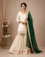 Premium Silk Embroidered Cream & Bottle Green Kurti with Sharara Pant & Dupatta Set