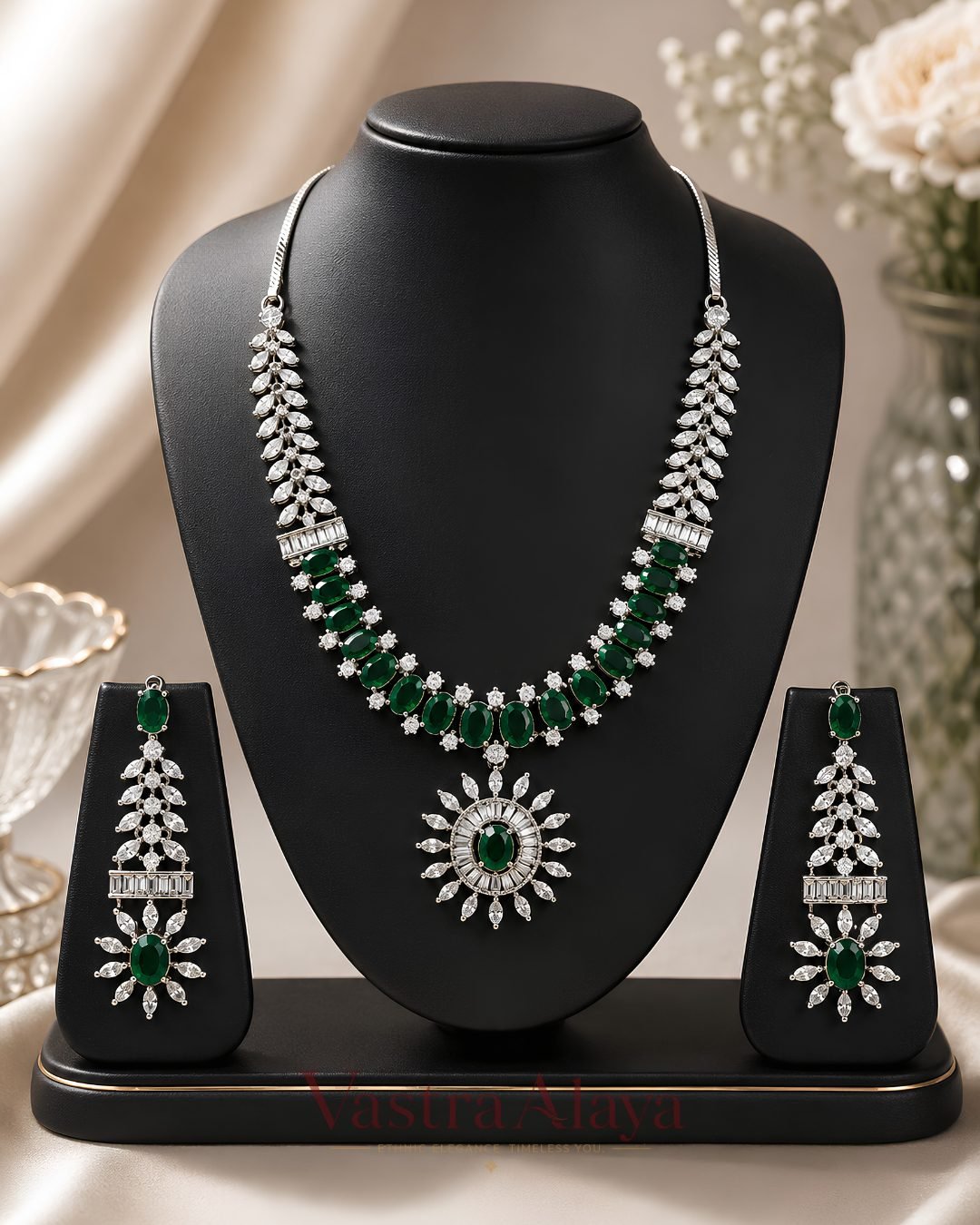 1 Women’s Brass Silver Plated Green Necklace Set - Image 1