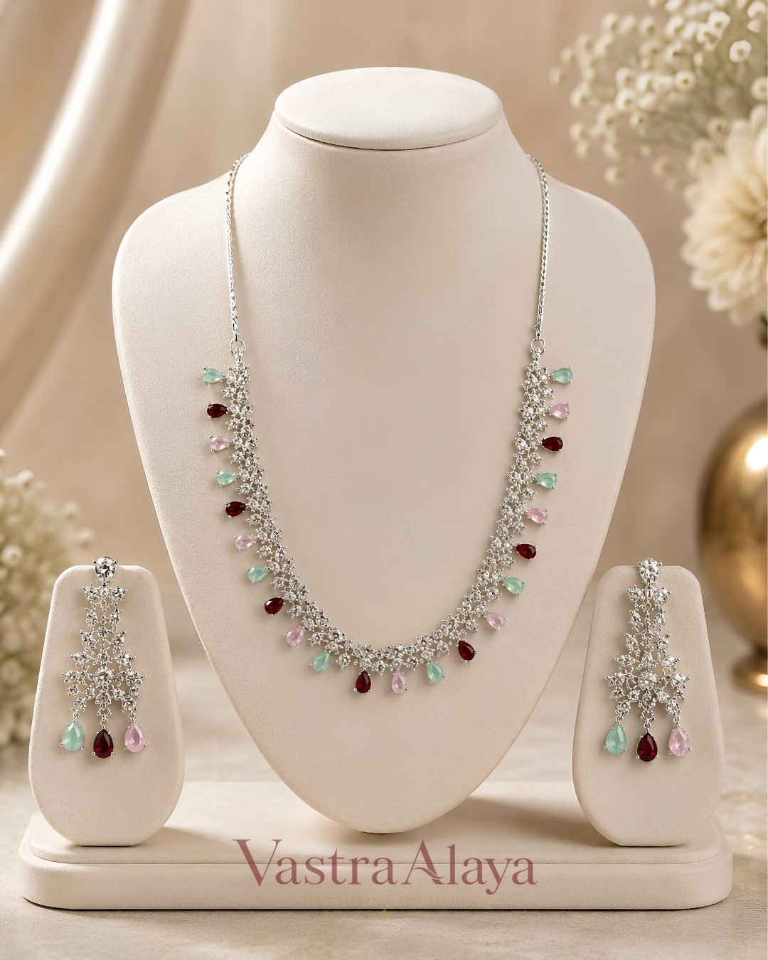 1 Women’s Brass Silver Plated Multicolor Necklace Set - Image 1