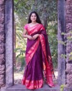 Premium Dark Purple Lichi Silk Saree with All-Over Jacquard Work