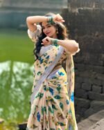 Premium Exclusive Cream Linen Cotton Saree with Digital Print