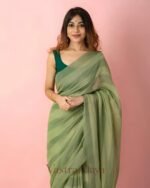 Premium Green Linen Cotton Saree with Simple Digital Print & Tassels