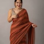 Premium Rust Orange Linen Cotton Saree with Digital Print & Tassels