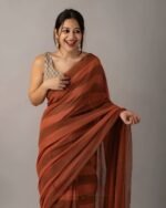 Premium Rust Orange Linen Cotton Saree with Digital Print & Tassels