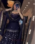 Premium Deep Navy Blue Frendy Silk 3-Piece Dress with Sequin & Zari Work - Image 2