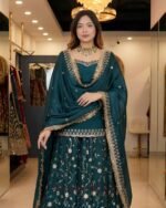 Premium Dark Green Frendy Silk 3-Piece Dress with Sequin & Zari Embroidery - Image 2