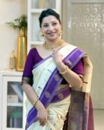Premium Cream & Purple Lichi Silk Saree with Jacquard Weaving - Image 2