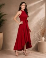 Women's Red Solid Halter Neck Sleeveless Dress - Image 2