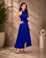 Women's Royal Blue Polyester Solid Halter Neck Sleeveless Up-Down Dress - Image 2