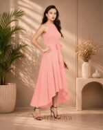 Women's Peach Polyester Solid Halter Neck Sleeveless Up-Down Dress - Image 2